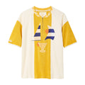 Yellow and white shirt with graphic design on a white background