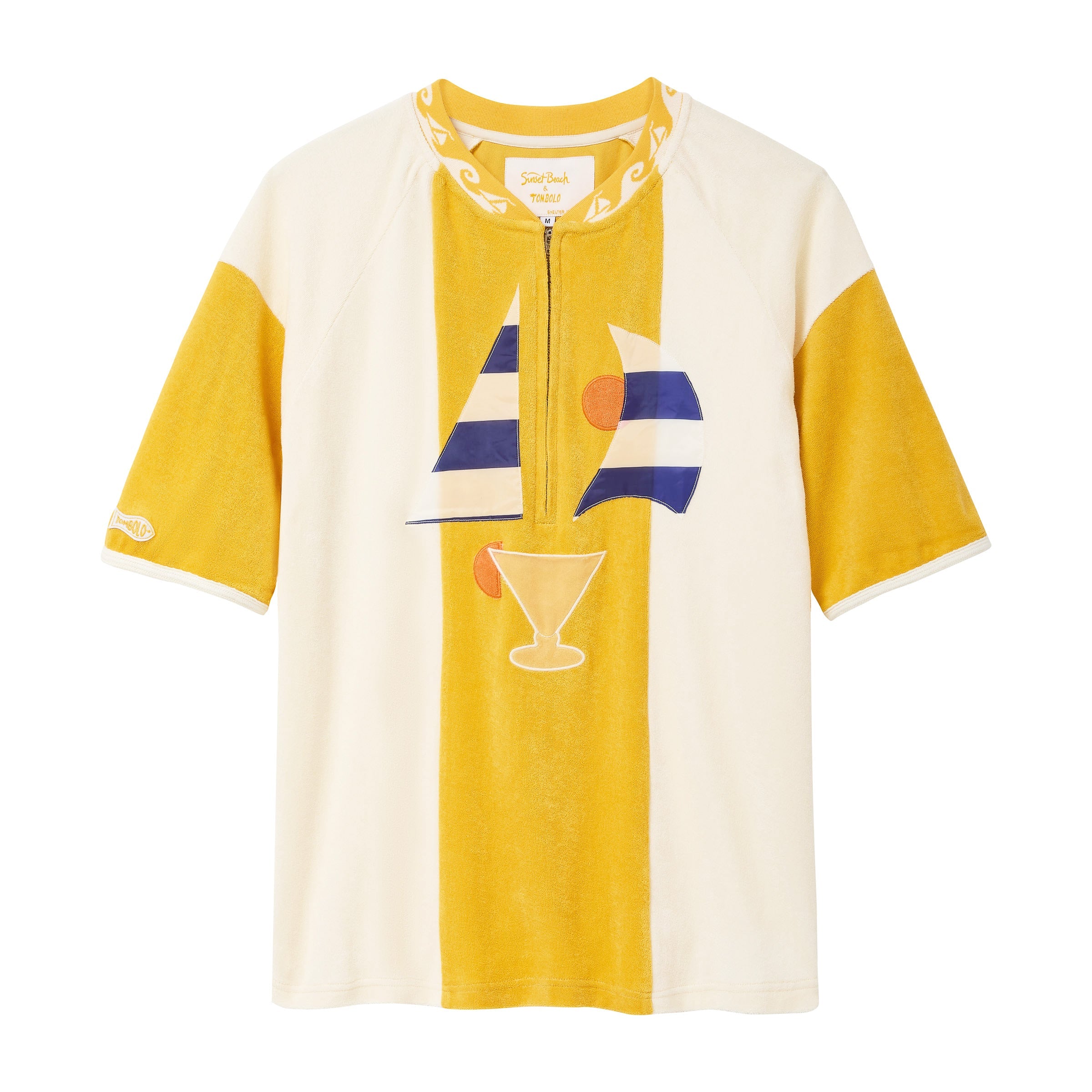 Yellow and white shirt with graphic design on a white background