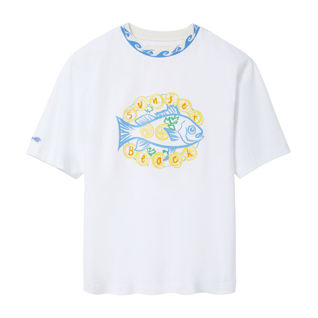White t-shirt with a blue fish design on a white background